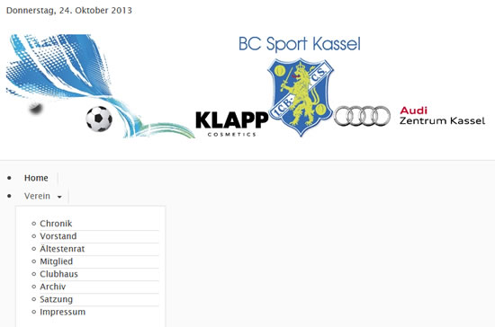 Screenshot der Homepage vom BC Sport Kassel, aufgenommen am 24.10.2013