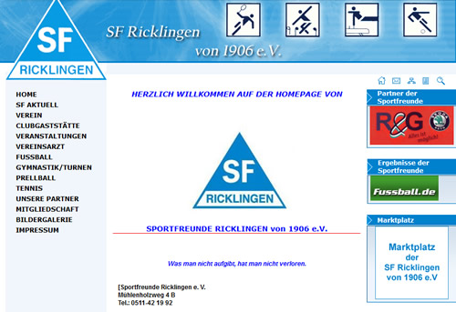 Screenshot der Homepage vom SF Ricklingen, aufgenommen am 22.07.2018