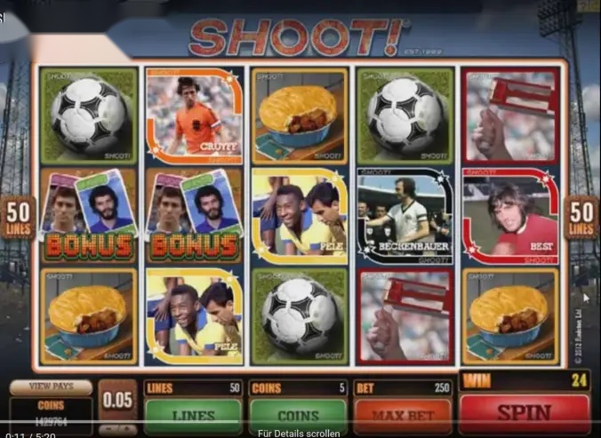 Shoot steht für den Torschuss, also perfekt für die Liste mit Soccer Spielautomaten