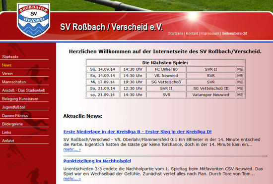 Screenshot der Homepage vom SV Roßbach/Wied, aufgenommen am 11.09.2014