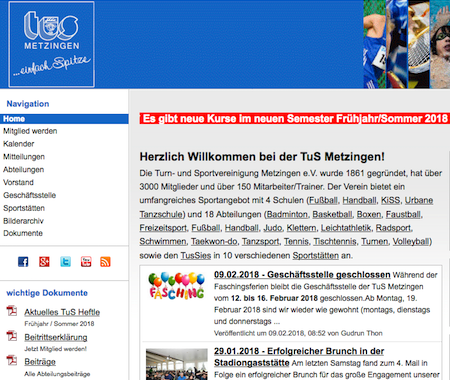 Screenshot der Homepage vom TuS Metzingen, aufgenommen am 15.02.2018