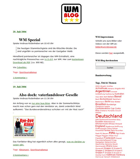 Screenshot der WM-Blogger.de Webseite, aufgenommen am 21.08.2006